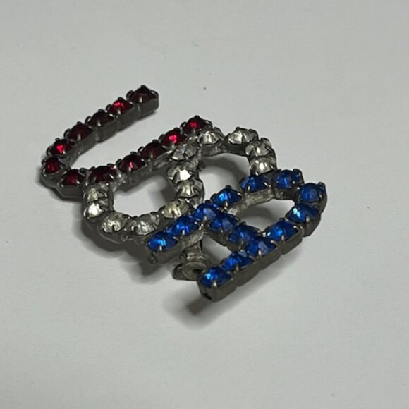 VTG USA Patriotic Brooch Red Clear Blue Prong Set Rhinestones Hat Vest Pin 2"x1" - Picture 2 of 11